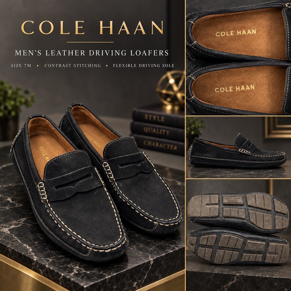 Cole Haan Grant Canoe Penny Loafers Navy Blue Nubuck Driving Mocs Mens 10.5 M